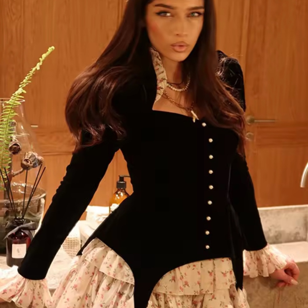 Black Velvet Button Front Puff Sleeve Mini Dress with Floral Ruffle Skirt - Picture 3 of 8